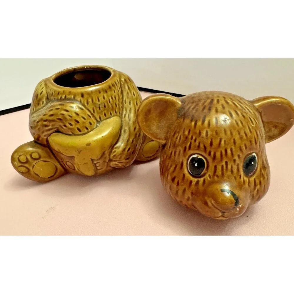 Vintage Ceramic Honey Bear Lidded Jar Brown Teddy Bear Holding Pot 5